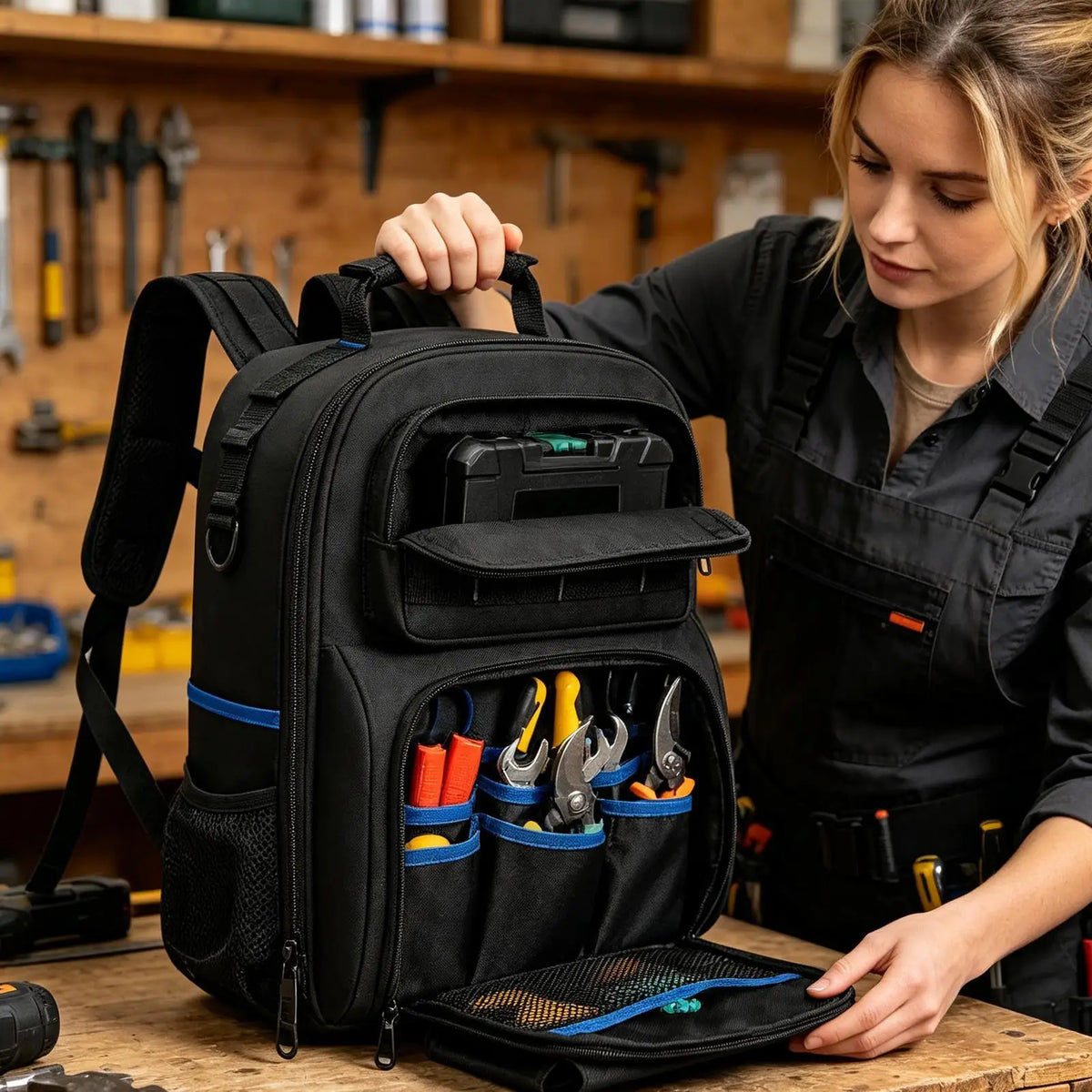 Storage Bag Tool Backpack Heavy Duty Hard Bottom Multiple Pockets Zpaxo