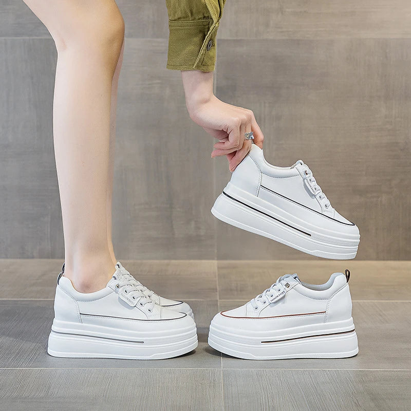 Women White Leather Platform Sneakers Hidden Heel Lift Casual Low Zpaxo