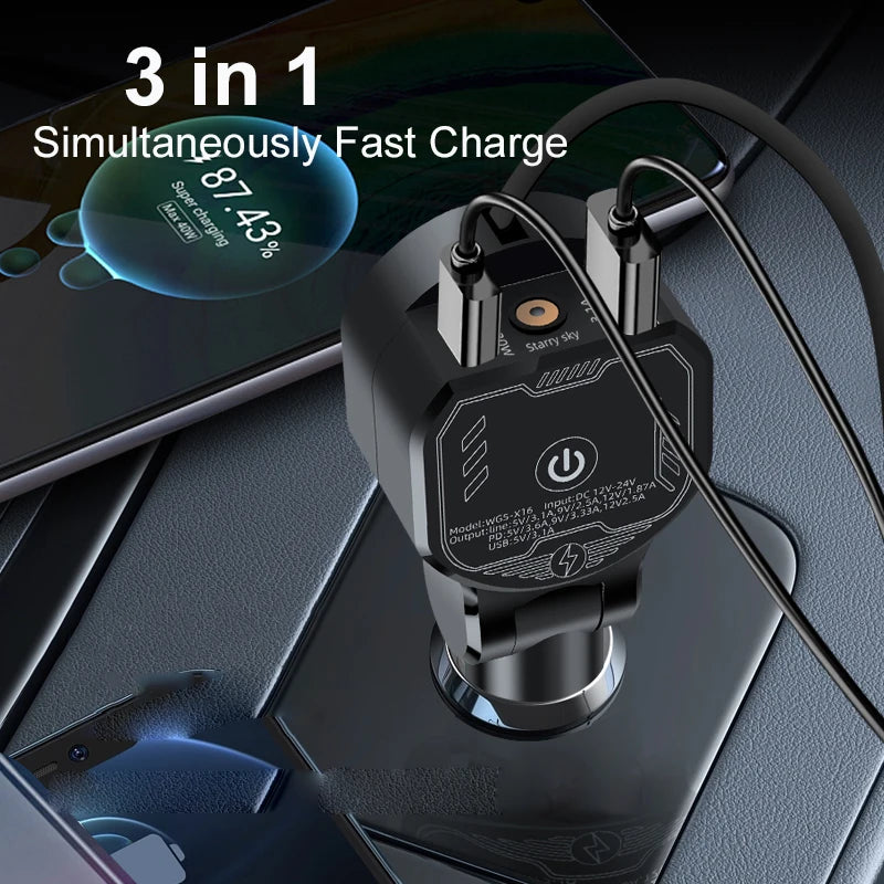 UYUXIO Retractable Car Phone Charger Adapter Starlight Full PD 30W Zpaxo