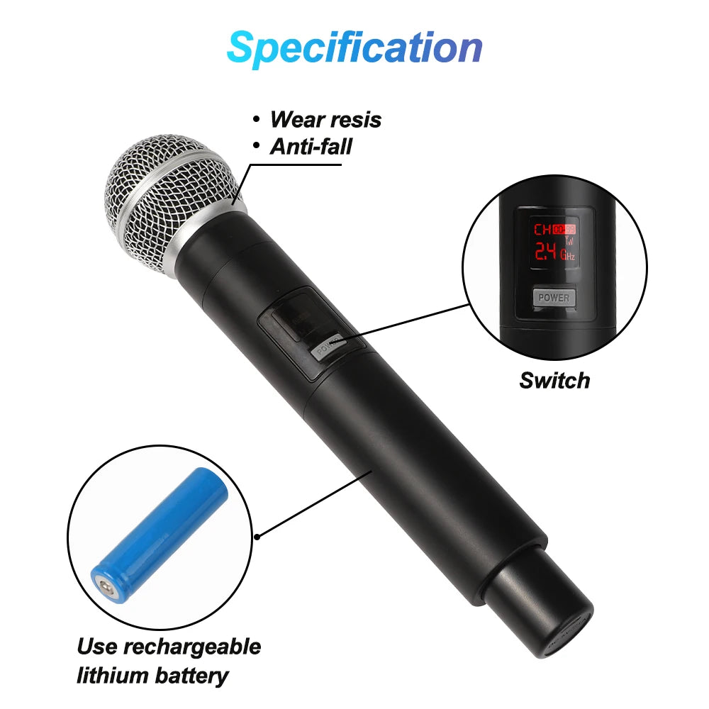 Wireless Microphone UHF Fixed Frequency 2 Channels Handheld Mic Zpaxo