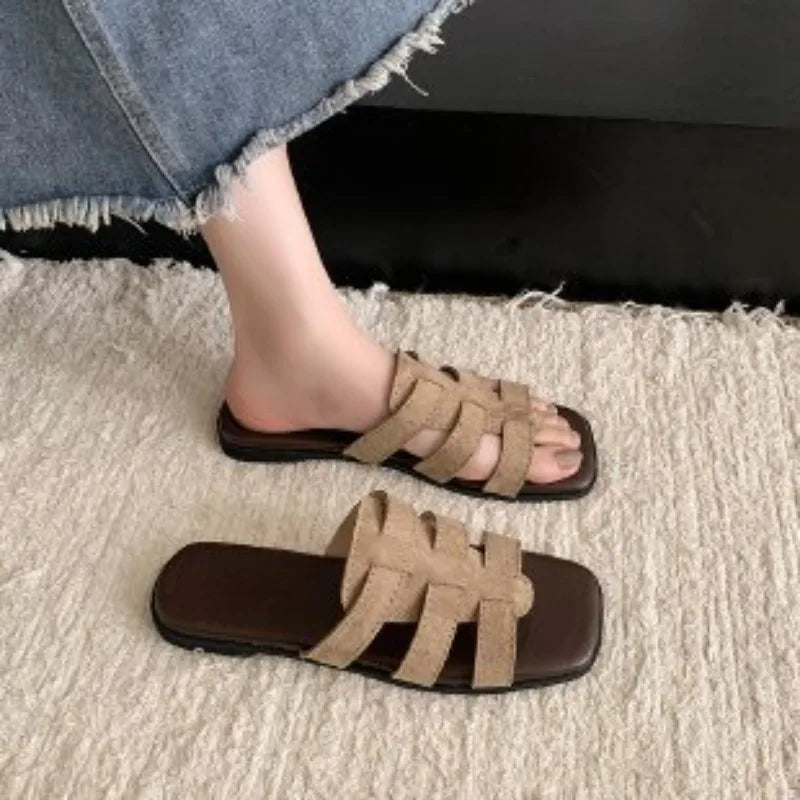 Summer New Women Slippers Flat Bottom Non-slip Outdoor Open Toe Beach Female Sandals Sexy Fashion Design Slides Woman Shoes Zpaxo Khaki 36