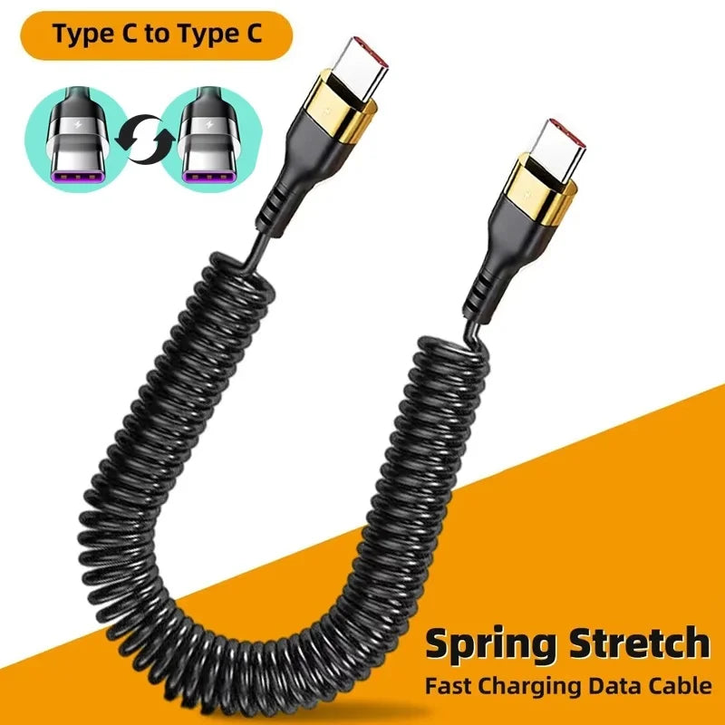Type C To Type C Spring Cable 120W Fast Charging Spring Cable For iPhone 15 Realme Huawei Phone Car Charger Wire USB C PD Cables Zpaxo