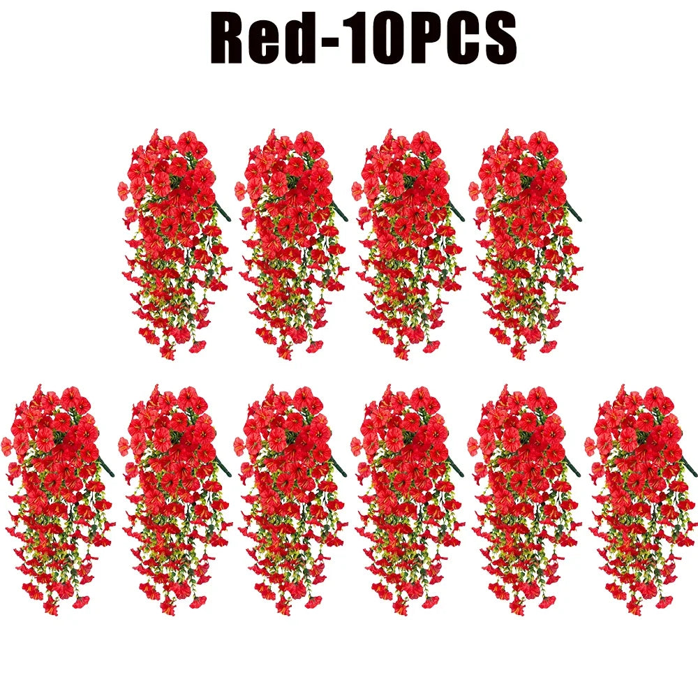 Artificial Hanging Flowers Plants Silk Morning Glory Eucalyptus Zpaxo Red-10PCS