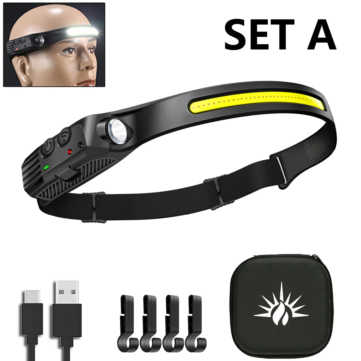 XPE+COB Dual LED Sensor Headlamp USB Rechargeable Head Flashlight Zpaxo SET A