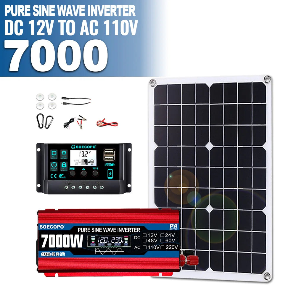 SOECOPO 7000W Portable Solar System Kit 500W Panel Pure Sine Wave Inverter 12V To 110V/220V 100A Controller for Camping Home Zpaxo 12V To 110V 60Hz