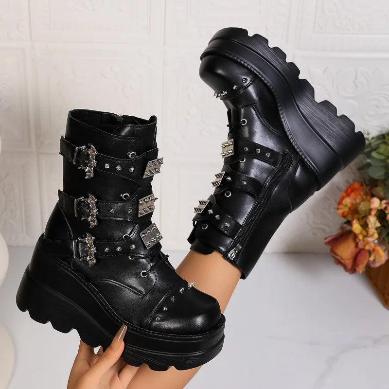 Spring Autumn Women's Solid Side Zipper Wedge Heel Mid Boots Women Zpaxo black 37