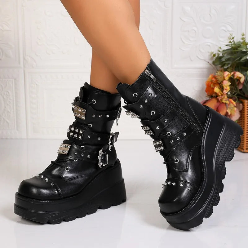 Spring Autumn Women's Solid Side Zipper Wedge Heel Mid Boots Women Zpaxo