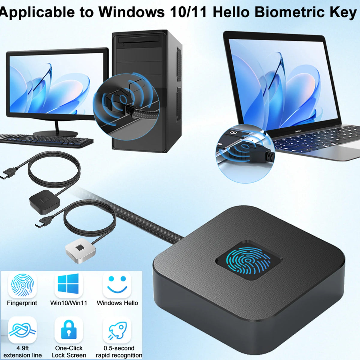 Windows Hello 10 11 Fingerprint Reader 5ft Cable Portable USB Logger Zpaxo