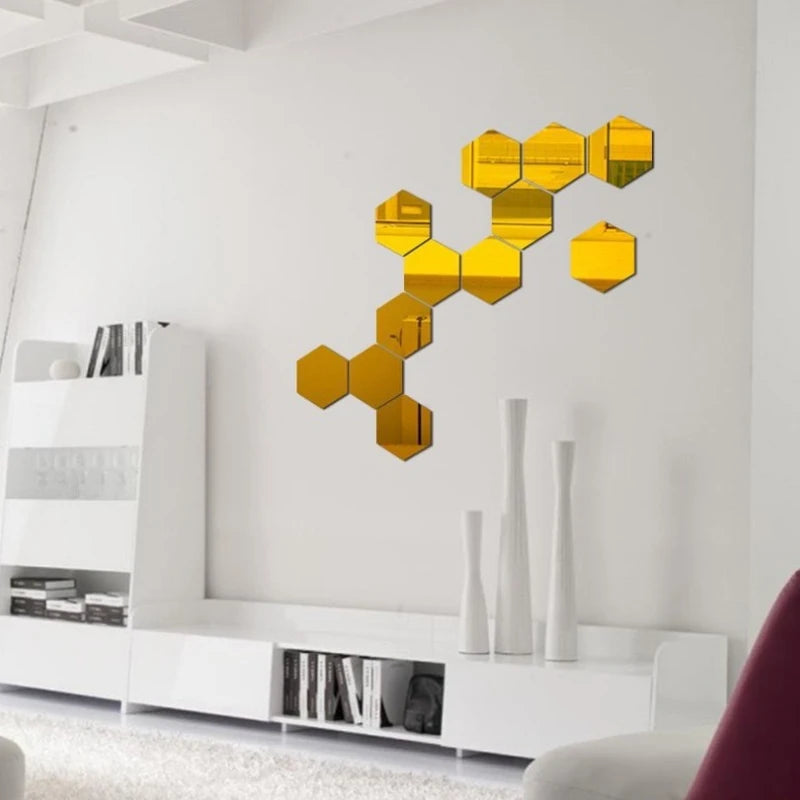 Lot Removable Geometric Mirror Wall Stickers Solid Hexagonal Shape Zpaxo