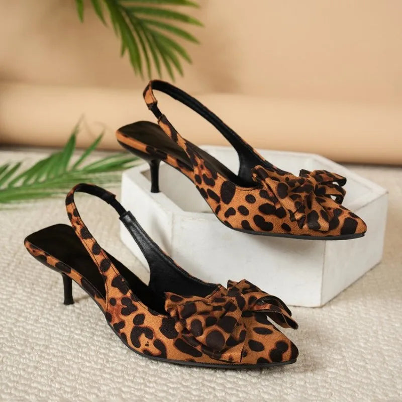 Women Sandals Trend Leopard Print Bow Heels Shoes Summer Thin Heel Zpaxo