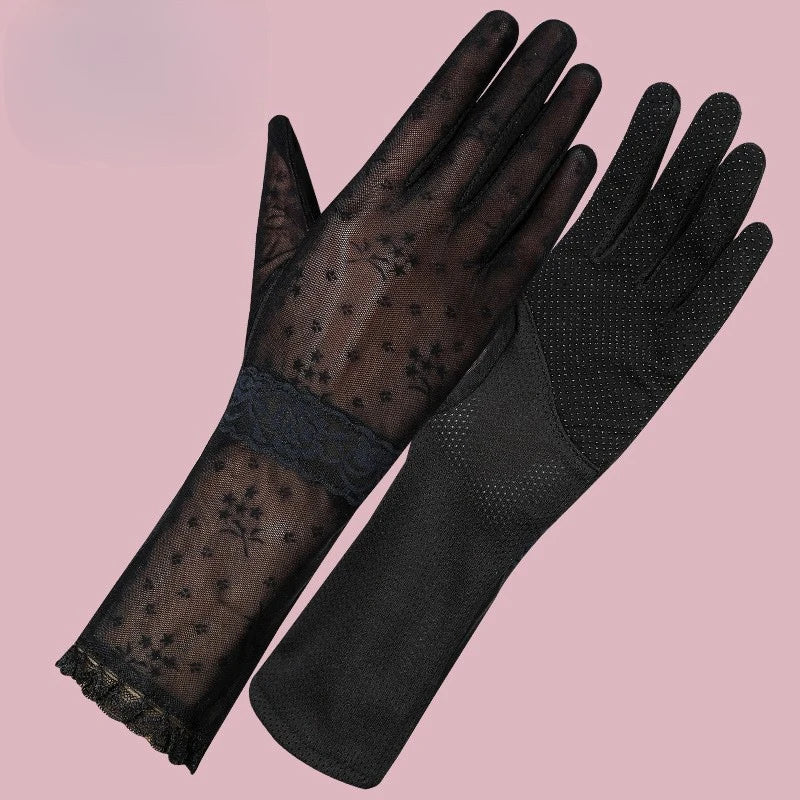 Sunscreen gloves for women summer outdoor driving cycling UV protection touch screen anti slip medium length thin lace gloves Zpaxo black glove