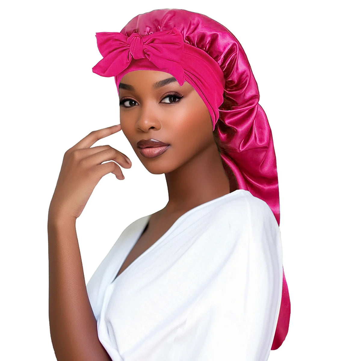 Women Bonnet Satin Sleeping Hat Long Tail Braid Hair Night Sleep Cap Zpaxo Rose Red
