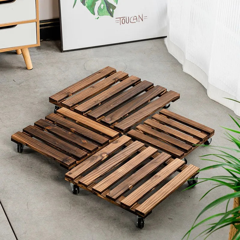 Solid Wood Planter Tray Potted Stand Rack Bonsai Round Wheel Zpaxo
