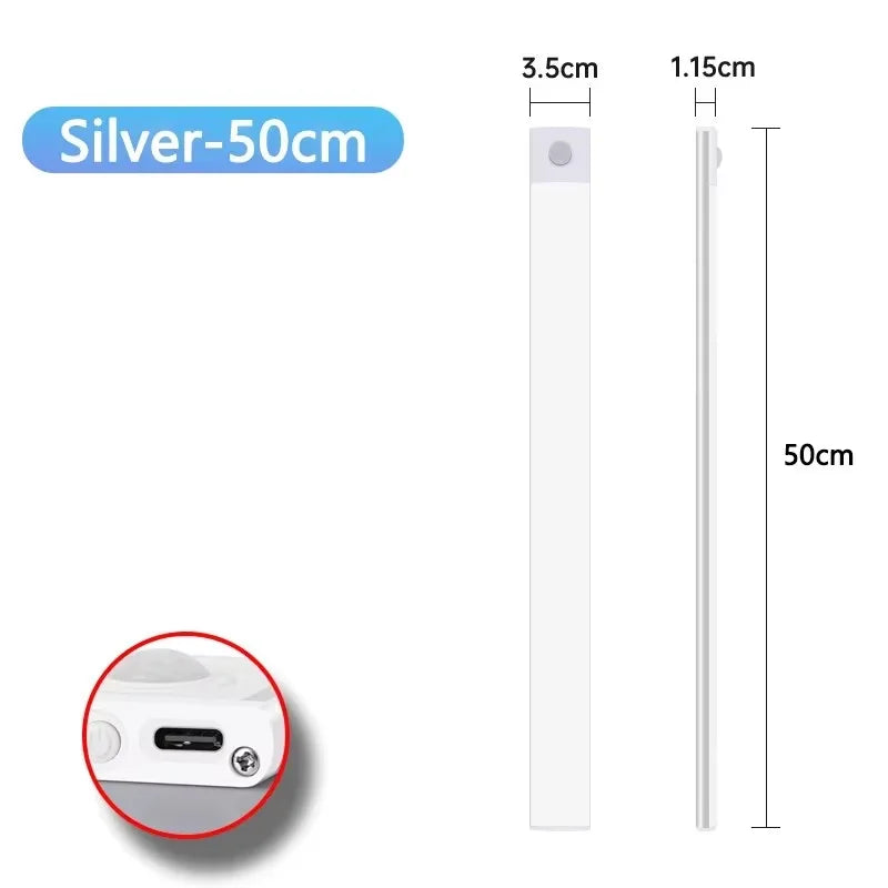 Ultra Thin Wireless LED Cabinet Light Motion Sensor USB TypeC Rechargeable Magnetic Dimmable 3Colors Indoor for Kitchen Wardrobe Zpaxo Silvery 50CM