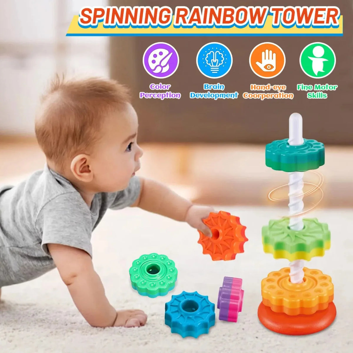 Rotating Rainbow Tower Stack Unstack Puzzle Toy 6 Colorful Levels Zpaxo