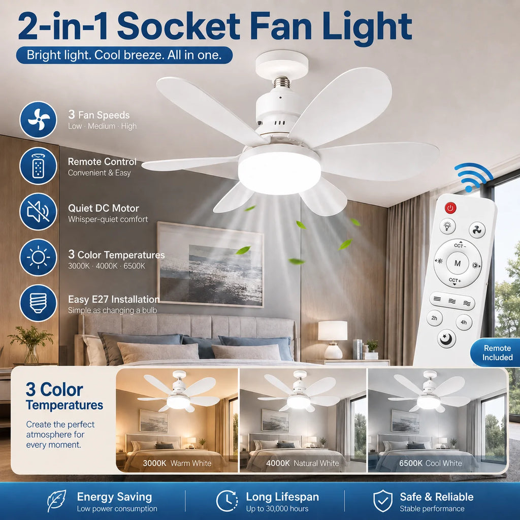 E27 LED Ceiling Fan Light with Remote 3 Color Dimmable Fan Lamp Rotatable Converter Base for Bedroom Living Room Kitchen Zpaxo