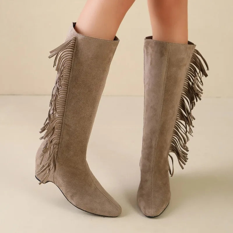 Spring Autumn Pointed Closed Toe Women's Solid Vintage Tassel Zpaxo apricot 39