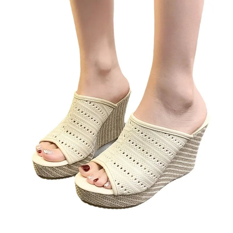 Beautiful Sandals and Slippers Women's Summer Wear Waterproof Platform Straw Thick-soled Wedge Heel High Heel Shoes Zpaxo