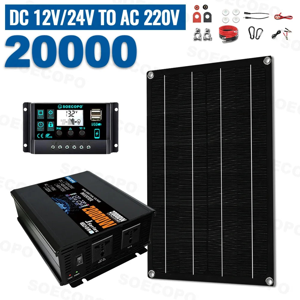 SOECOPO 20000W Inverter(2 sockets) Complete Solar System Set 600W Solar Panel 100A Controller for Home Camping Emergency Use Zpaxo 12V 24V To 220V 50Hz