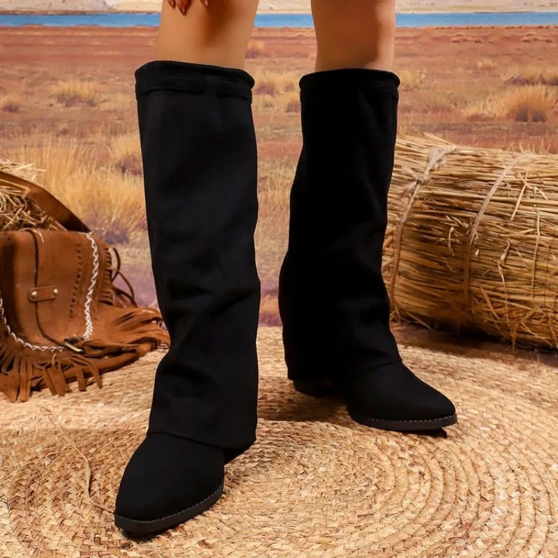 Spring Autumn Women's Solid Vintage Pointed Closed Toe Knee Boots Zpaxo black 42