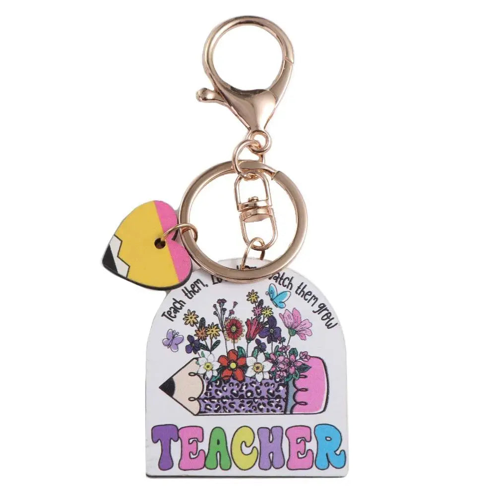 Wooden Pencil Rainbow Keychain English Letter Charm Teacher's Day Keychain Aesthetic Geometric Shape Teacher Education Pendant Zpaxo Style C