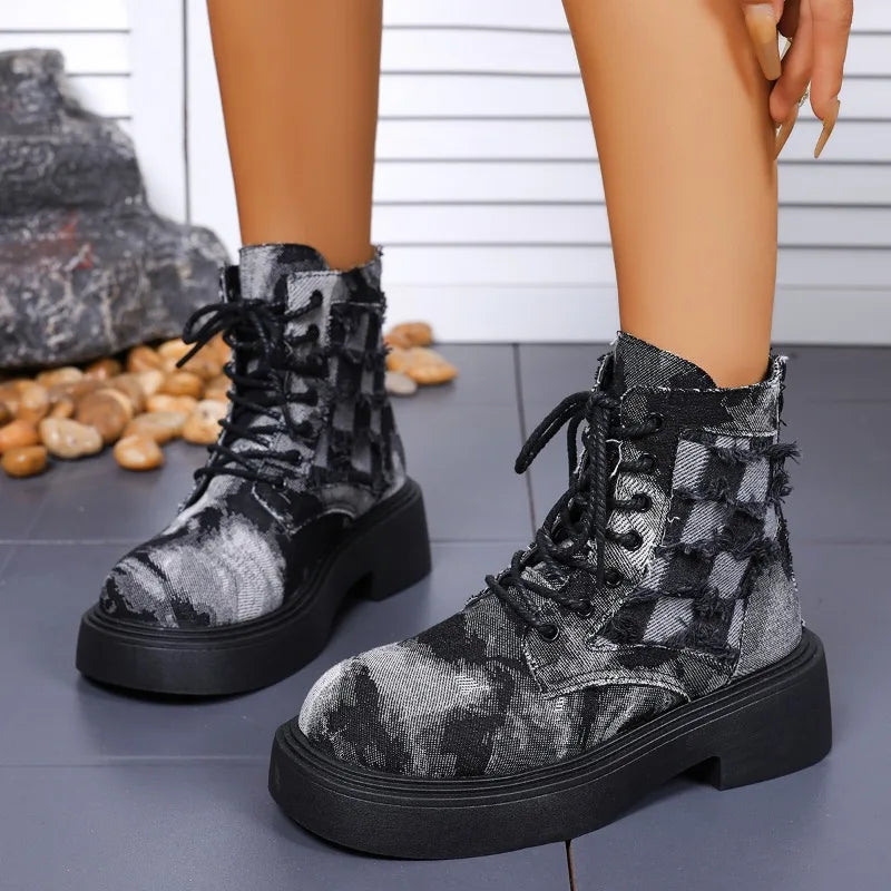 Spring Autumn Women's Vintage Comfortable Rear Zipper Heel Boots Zpaxo Black and White 37