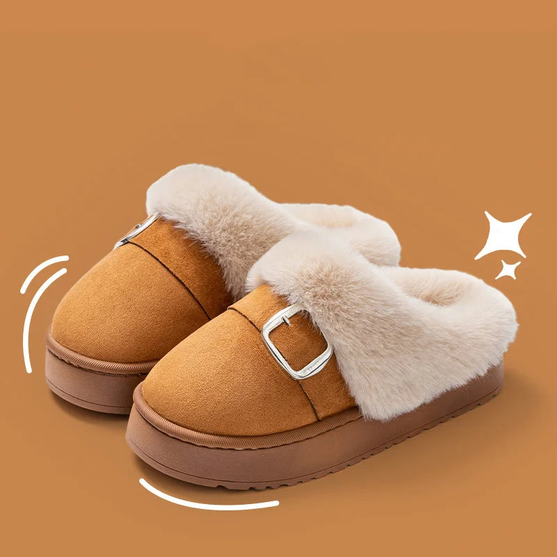Winter Warm Fluffy Slippers Women Thick Sole Non Slip Plush House Zpaxo brown 36-37