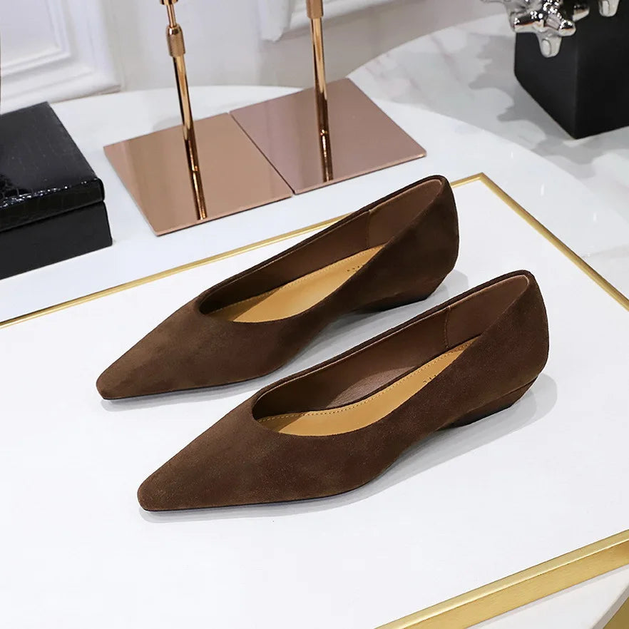 Flat Shoes for Women Spring and Autumn 2025 New Pointed Toe Sloping Heel Suede Shallow Low Heel Leopard Print Women's Shoes Zpaxo Dark Brown 43