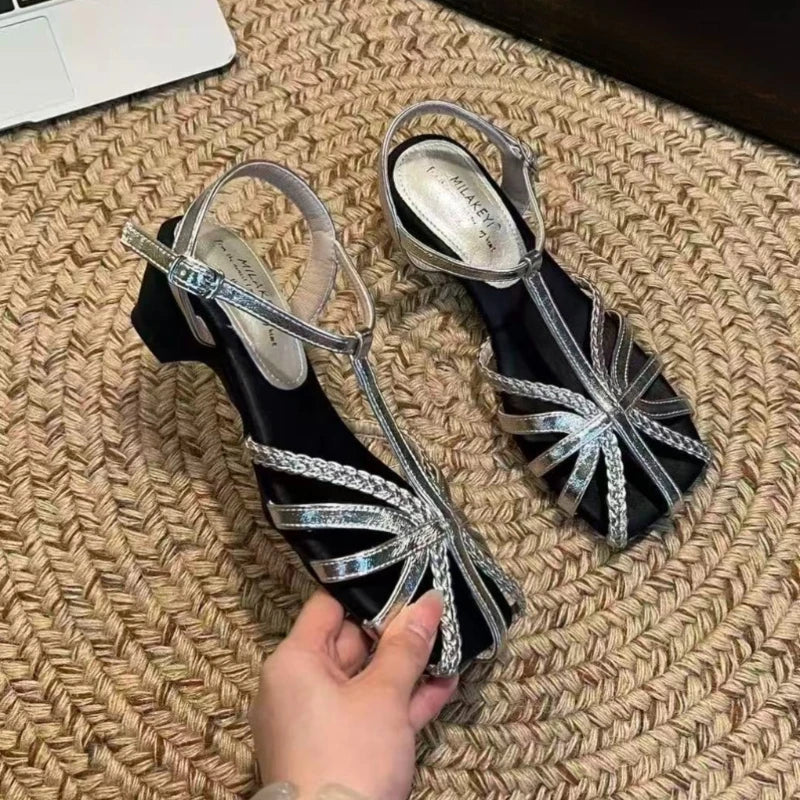 Square Closed Toe Weaving Hollow Out Comfortable Breathable One-word Zpaxo Silver 39