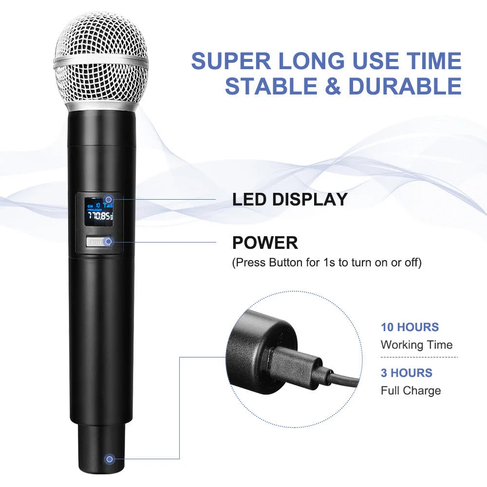 Wireless Microphone 2 Channels UHF Handheld Mic Rechargeable Karaoke Zpaxo