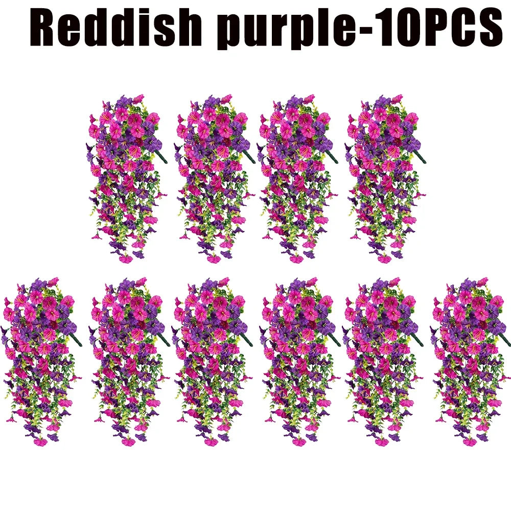 Artificial Hanging Flowers Plants Silk Morning Glory Eucalyptus Zpaxo Reddish purple-10PCS
