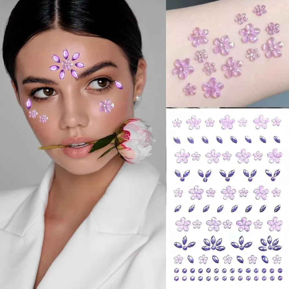 Flower Face Tattoo Sticker Pure Self-adhesive Rhinestones Jewelry Zpaxo Purple
