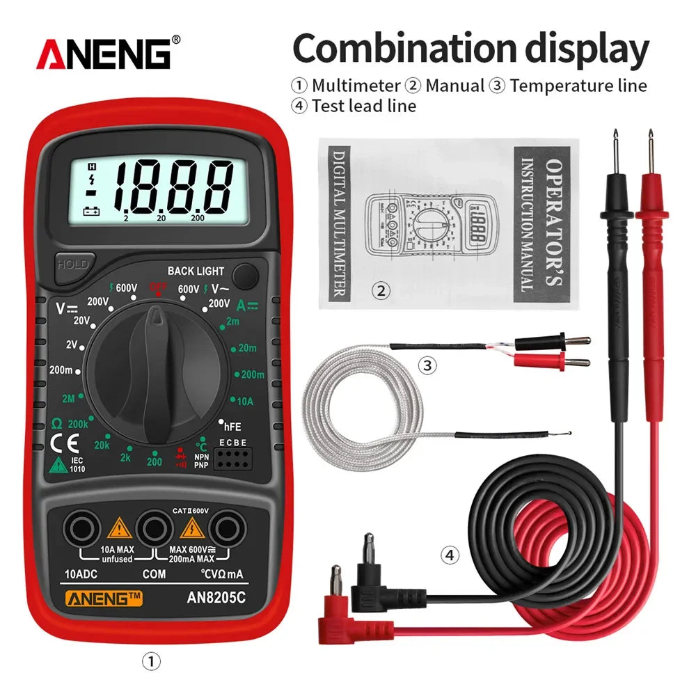 Digital Multimeter Meter Multimetro AC DC Ammeter Volt Ohm Tester Zpaxo AN8205C Red