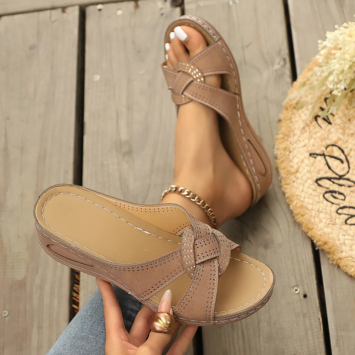 Summer Women Wedge Slippers Premium Orthopedic Open Toe Vintage Zpaxo Brown 43