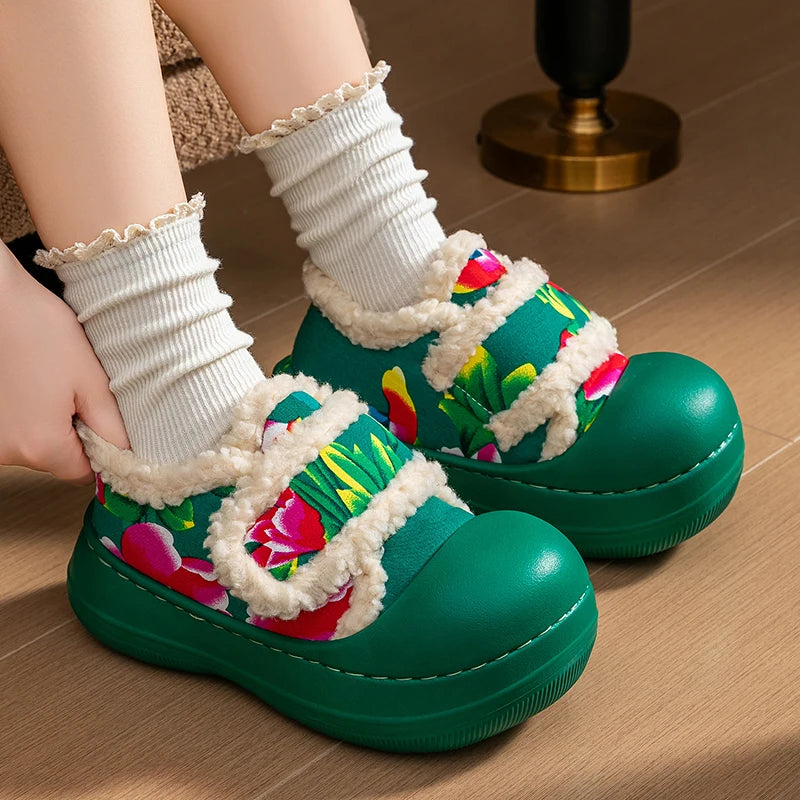 Unisex Winter Flower Pattern Slippers Cloud Feel Platform Warm Shoes Zpaxo