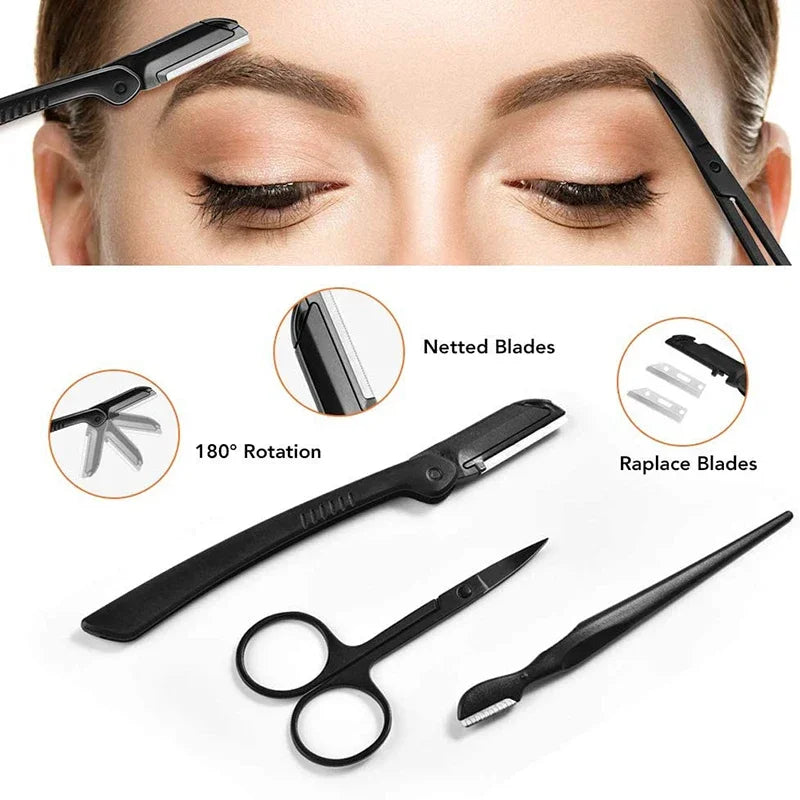 2- Eyebrow Trimmer Razor Scraping Comb Clip Scissors Tweezers Makeup Zpaxo
