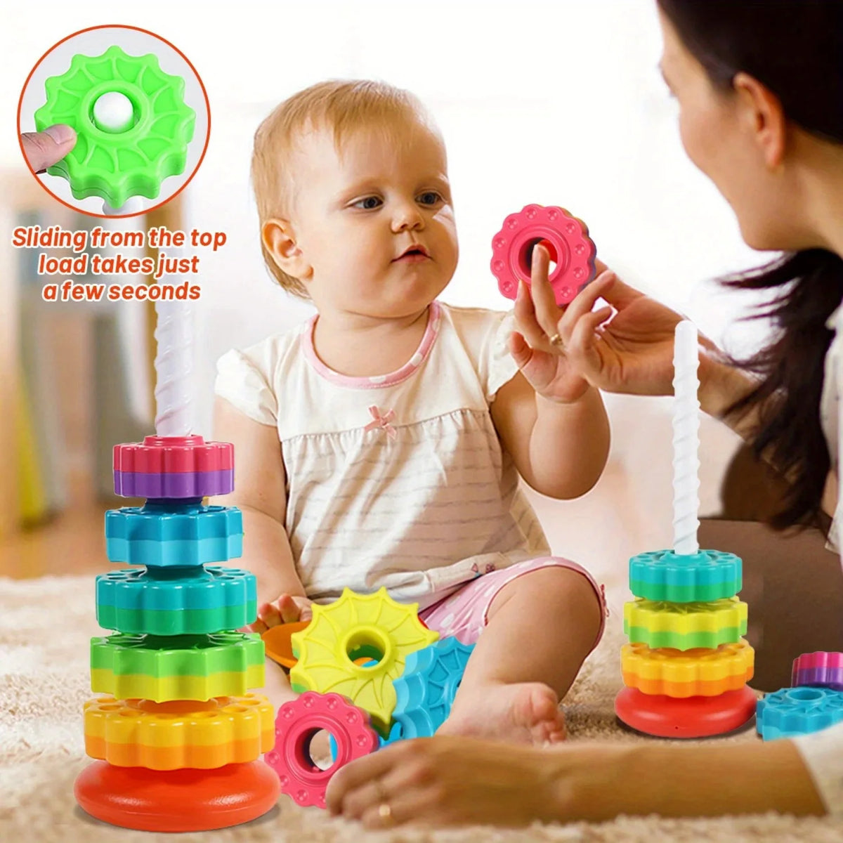 Rotating Rainbow Tower Stack Unstack Puzzle Toy 6 Colorful Levels Zpaxo
