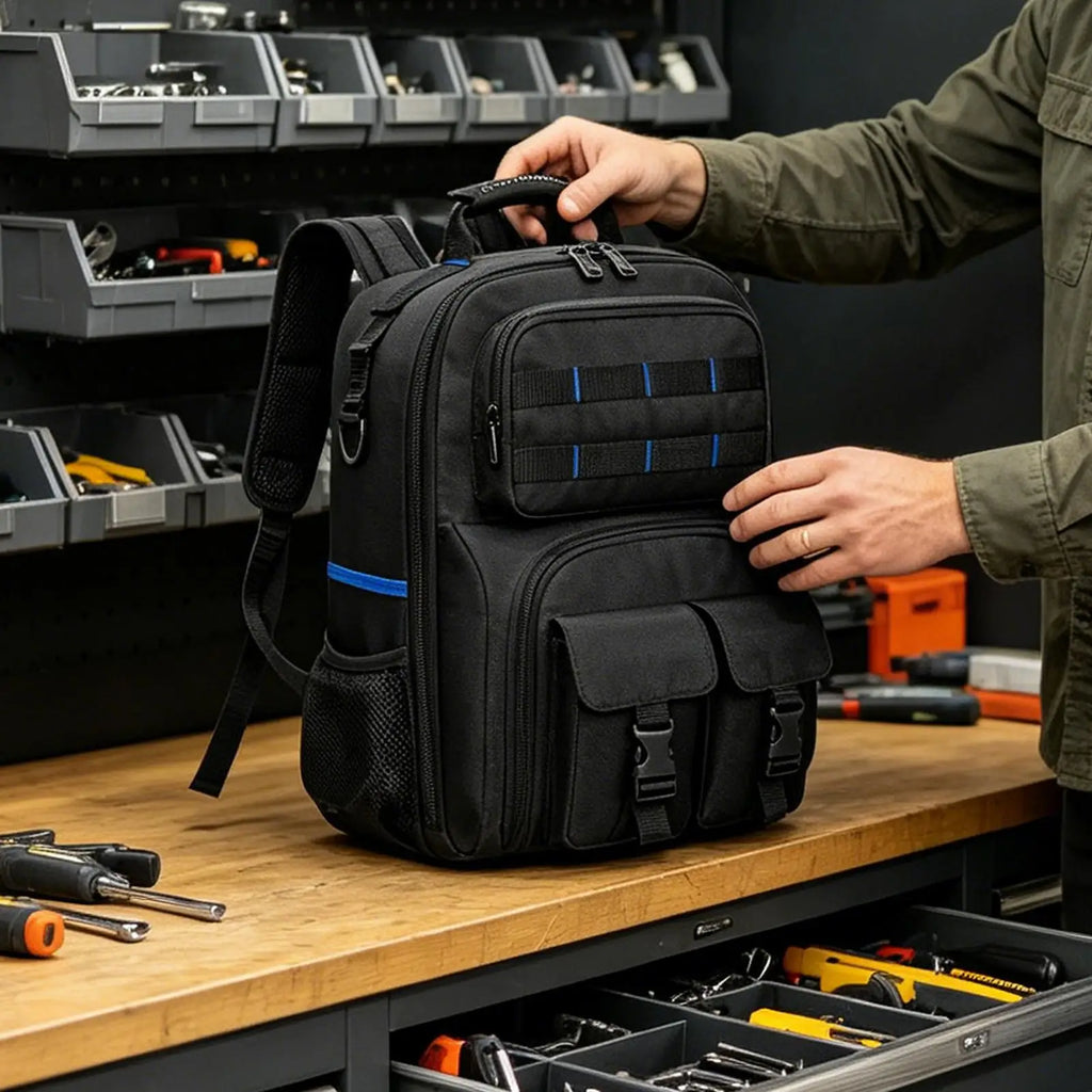 Storage Bag Tool Backpack Heavy Duty Hard Bottom Multiple Pockets Zpaxo