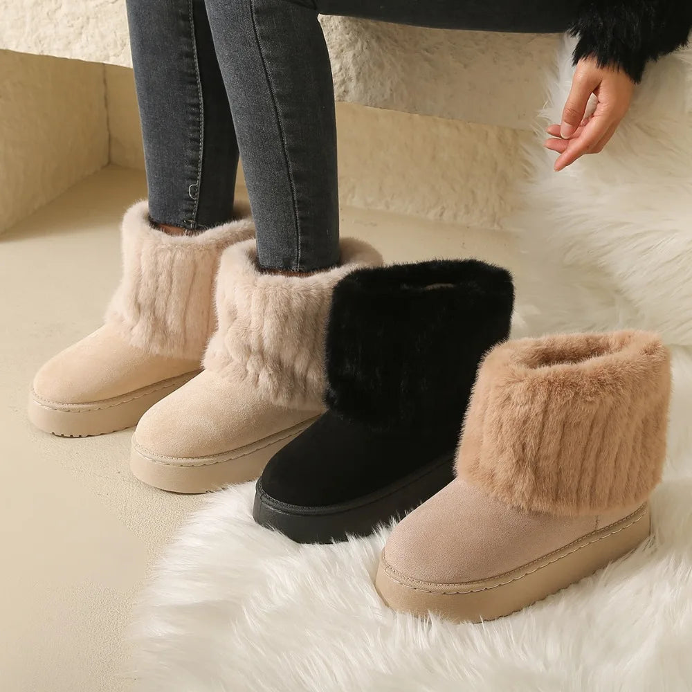 Shoes Women Winter Women's Boots Black Round Toe Solid Flock Plush Zpaxo