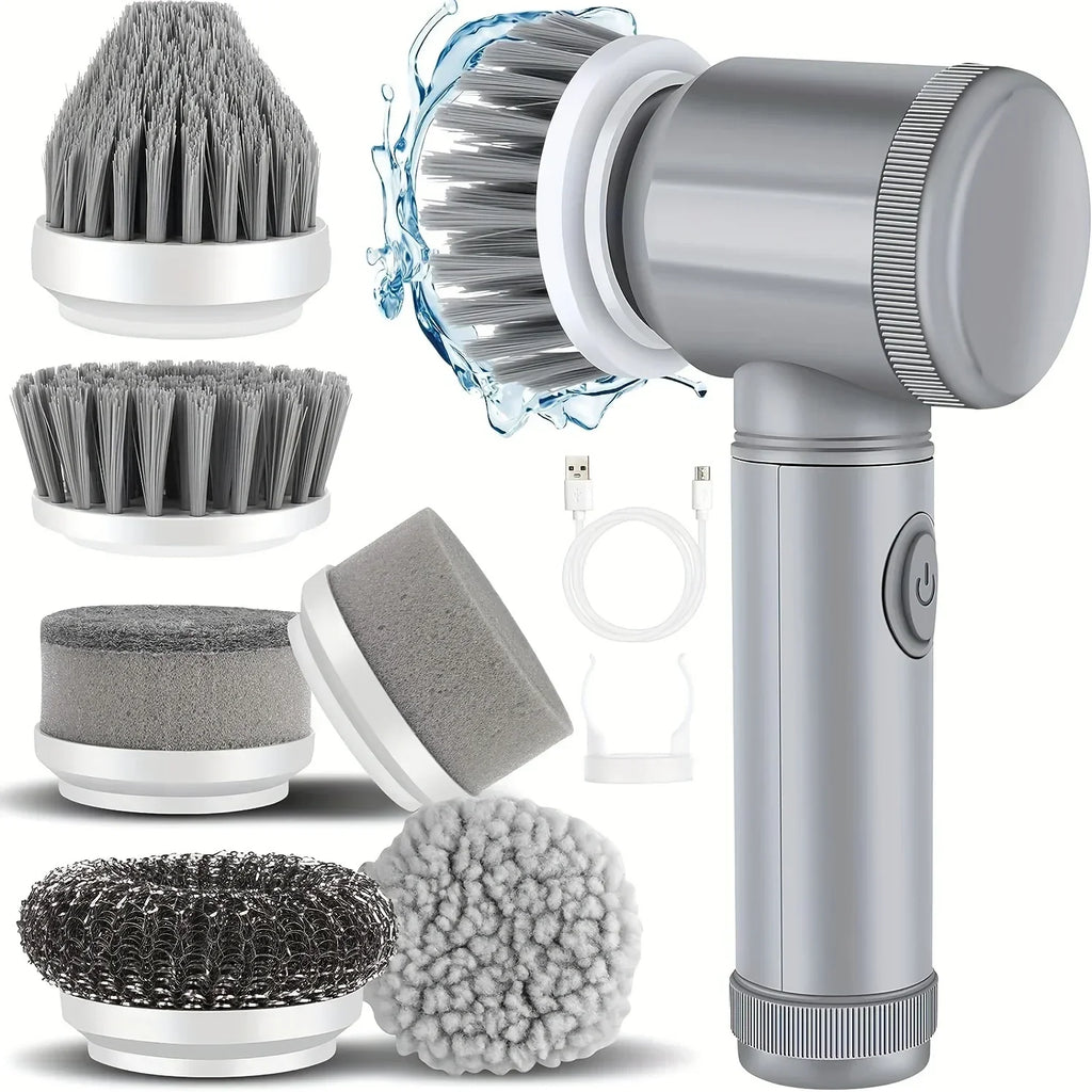 Electric Spin Scrubber Cordless 6 Replaceable Brush Heads Cleaning Zpaxo Gray 9 Pcs Set