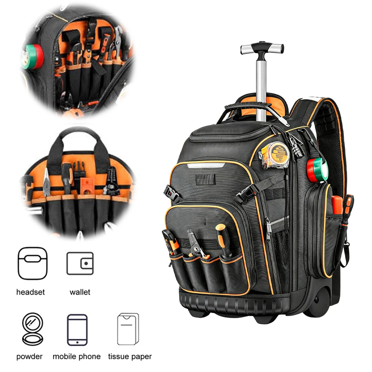 Tool Backpack Wheels Electrician Waterproof Base Rolling Bag Zpaxo
