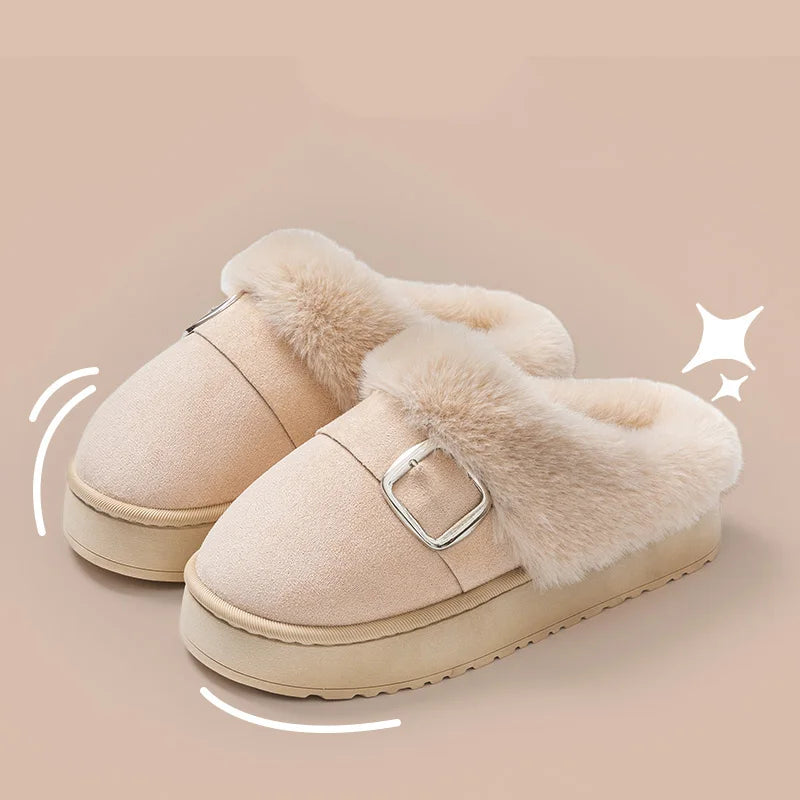 Winter Warm Fluffy Slippers Women Thick Sole Non Slip Plush House Zpaxo beige 38-39