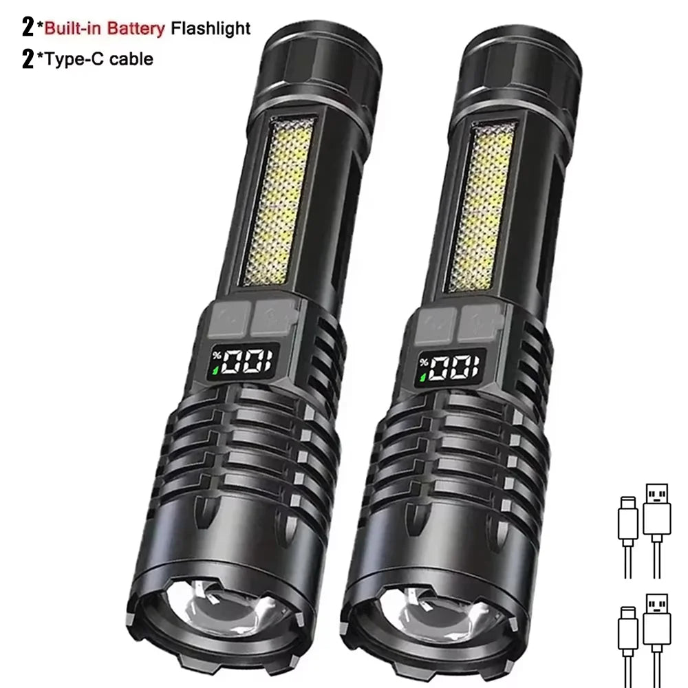 High Power LED Flashlight Portable Zoom Torch Type-C Rechargeable Waterproof Light with COB Side Lamp for Outdoor Camping Hiking Zpaxo 2Pacs