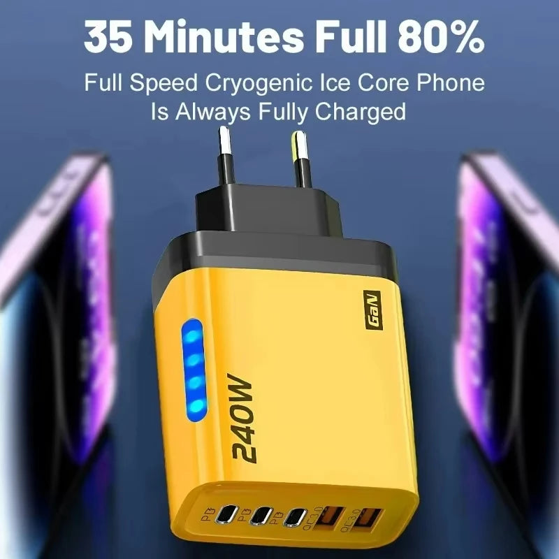 5 in 1 GaN Desktop Charger 240W Fast Charging Adapter For iPhone 17 16 15Pro Samsung 10A USB To Type C Cable 3PD 2USB Charger Zpaxo