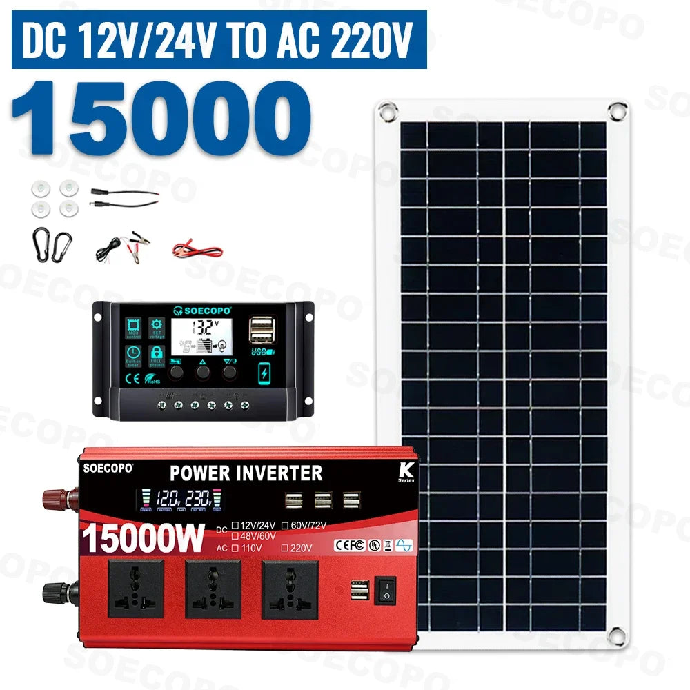 SOECOPO 15000W Portable Solar System 200W Panel Inverter 3 Sockets 8 Zpaxo 12V 24V To 220V 50Hz