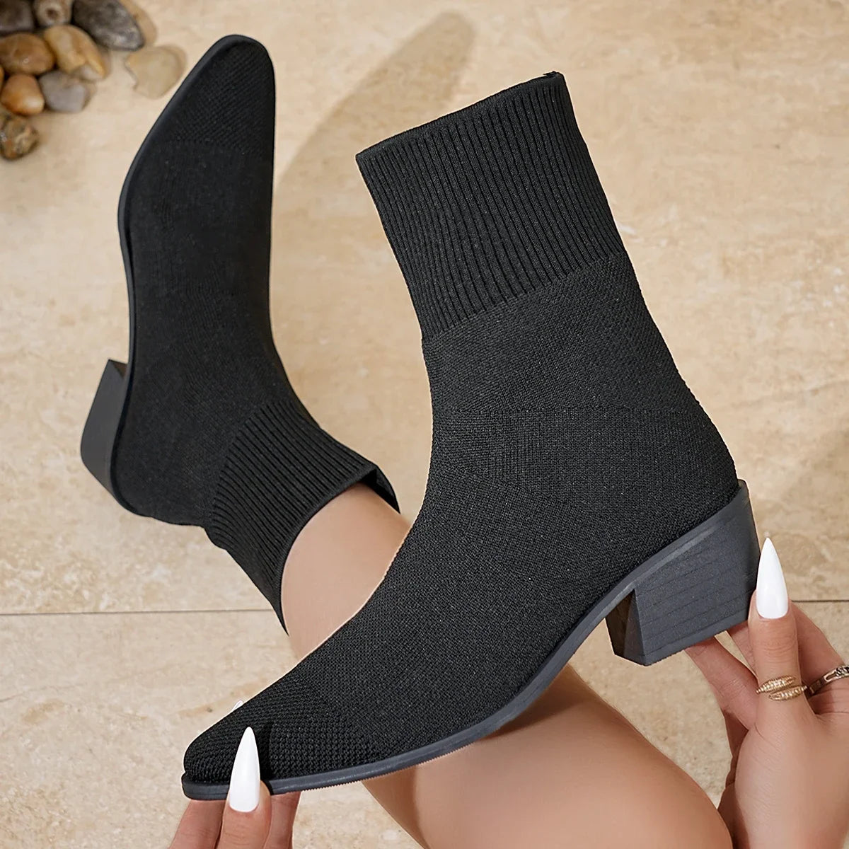 Shoes for Women 2025 New Winter Knitted Shoes Female Stretch Fabric Socks Women Low Heel Short Boots Pointed Toe Ankle Booties Zpaxo black 36