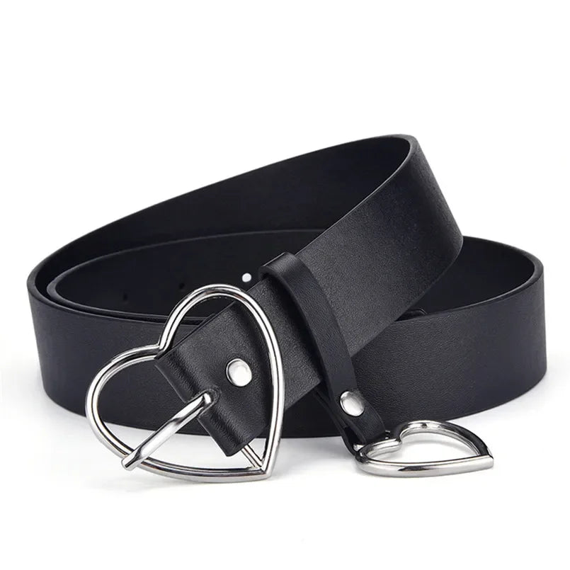 Cute Leather Belt Metal Heart Shape Buckle Camel White Black Retro PU Zpaxo Black and Sliver 100cm