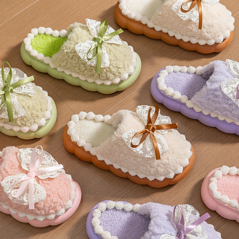 Winter Warm Fur Slippers Women Thick-soled Household Cute Bow Non Zpaxo