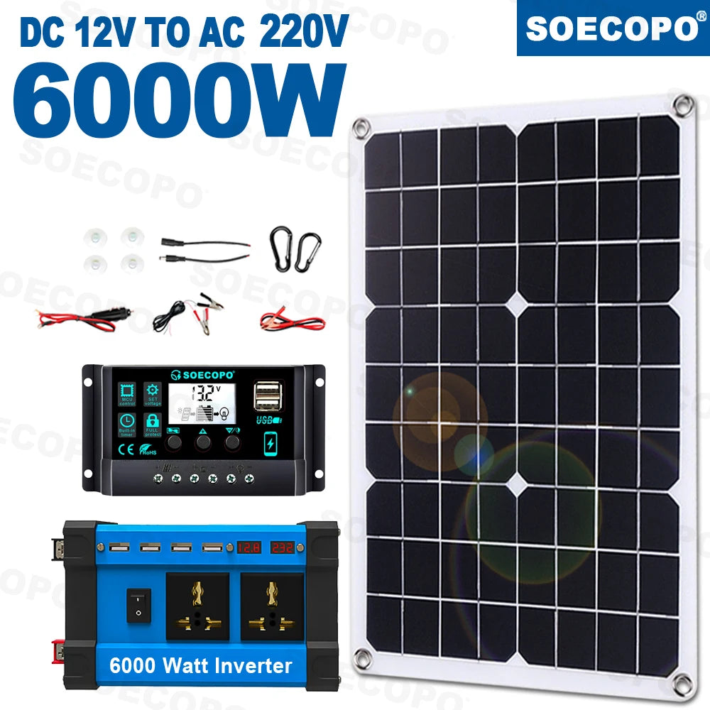 6000W Solar System Complete 12V 110V 220V 100A Controller 500W Panel Zpaxo 220V solar kit