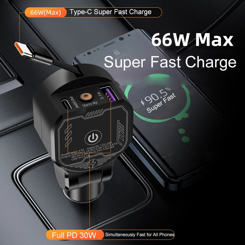 UYUXIO Retractable Car Phone Charger Adapter Starlight Full PD 30W Zpaxo